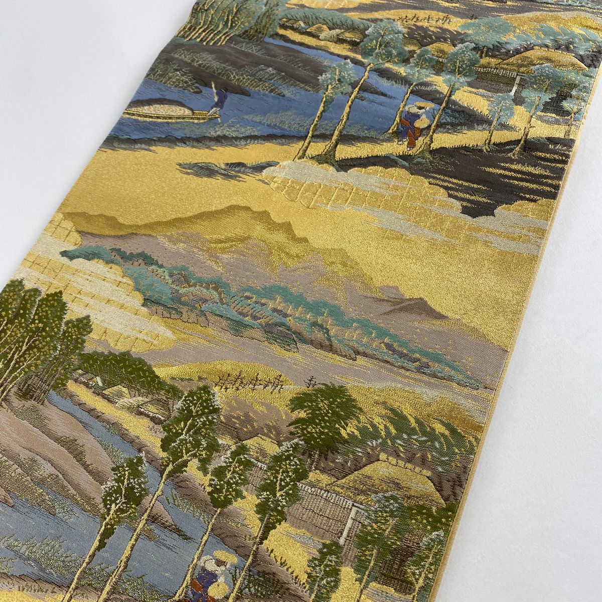 【美品】 袋帶 秀品級 東海道 鈴乃屋 扇子面 風景 金絲 金金箔 金色 大鼓圖案 純蠶絲