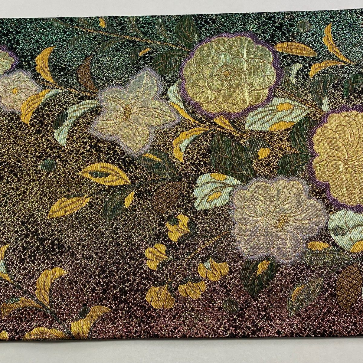 【美品】 袋帶 秀品級 椿 草花紋 金糸 金金箔 茶綠 六通 純蠶絲