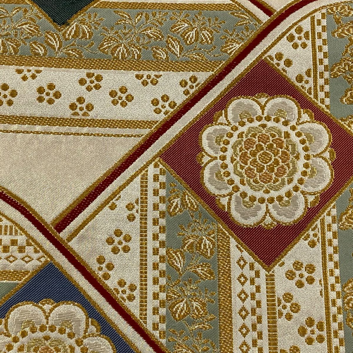 【美品】 袋帶 逸品級 北出與三郎 落款あり 關西仕立 本袋 華紋 草花紋 金絲 金金箔 金色 六通 純蠶絲