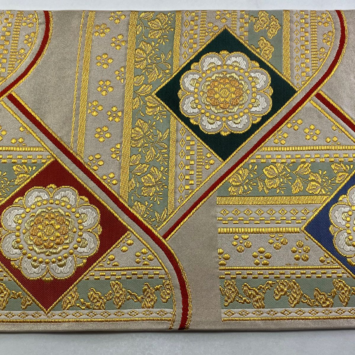 【美品】 袋帶 逸品級 北出與三郎 落款あり 關西仕立 本袋 華紋 草花紋 金絲 金金箔 金色 六通 純蠶絲