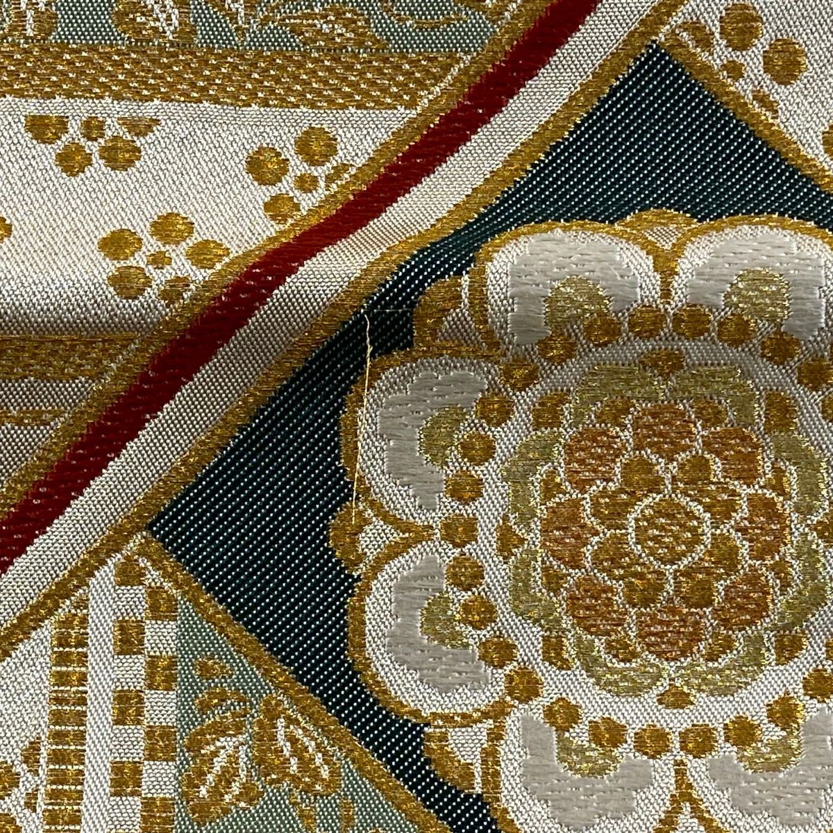【美品】 袋帶 逸品級 北出與三郎 落款あり 關西仕立 本袋 華紋 草花紋 金絲 金金箔 金色 六通 純蠶絲
