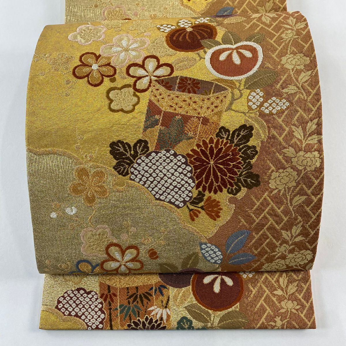 【美品】 袋帶 秀品級 貝桶 草花紋 金絲 金金箔 金茶 六通 純蠶絲