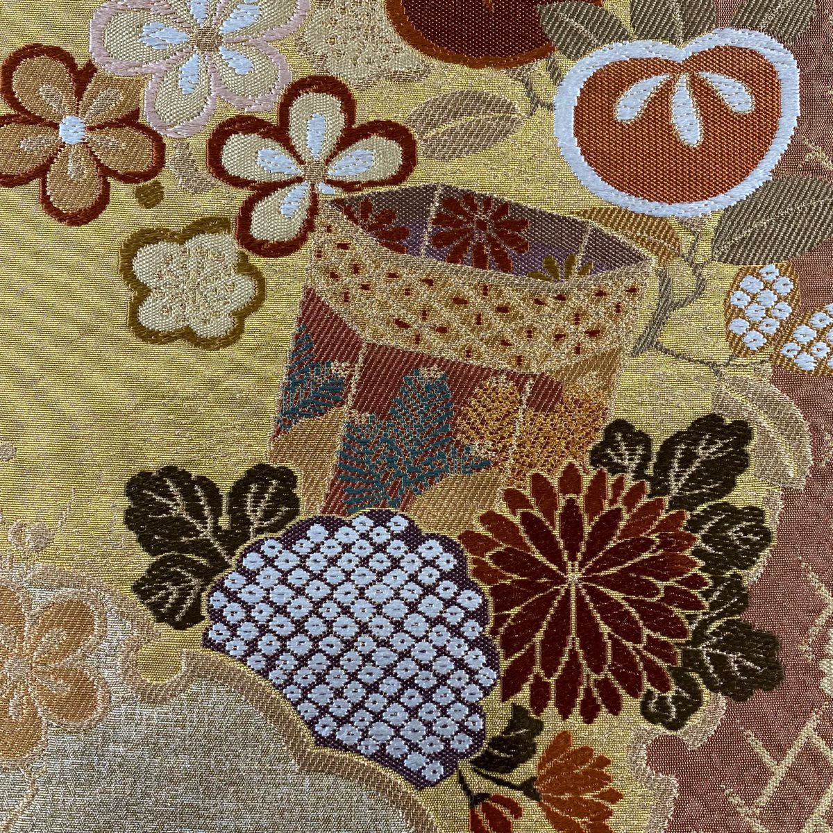 【美品】 袋帶 秀品級 貝桶 草花紋 金絲 金金箔 金茶 六通 純蠶絲