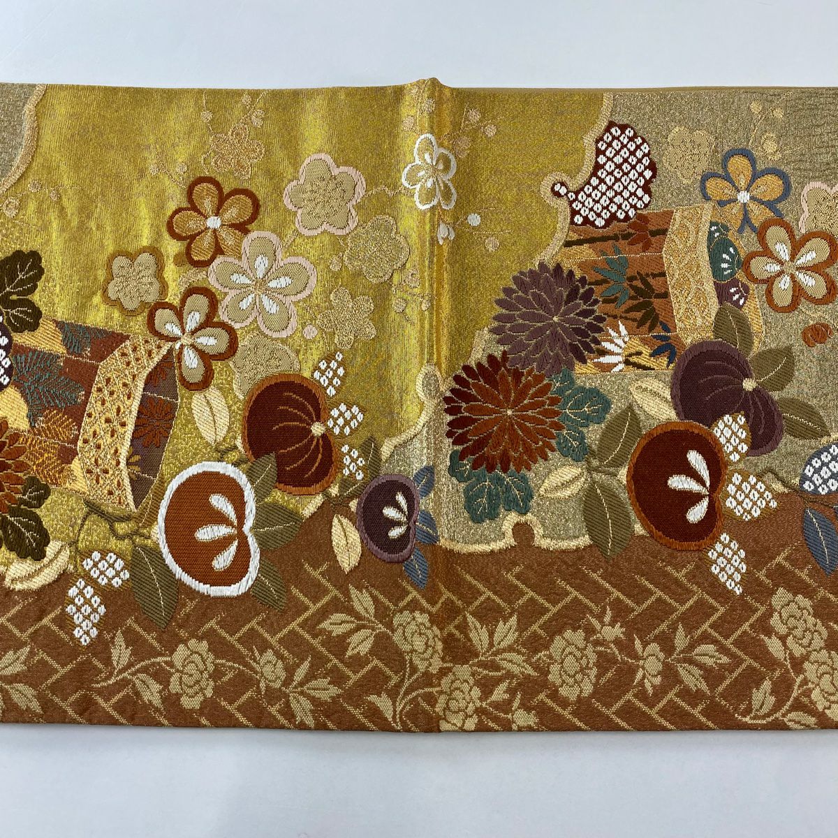 【美品】 袋帶 秀品級 貝桶 草花紋 金絲 金金箔 金茶 六通 純蠶絲