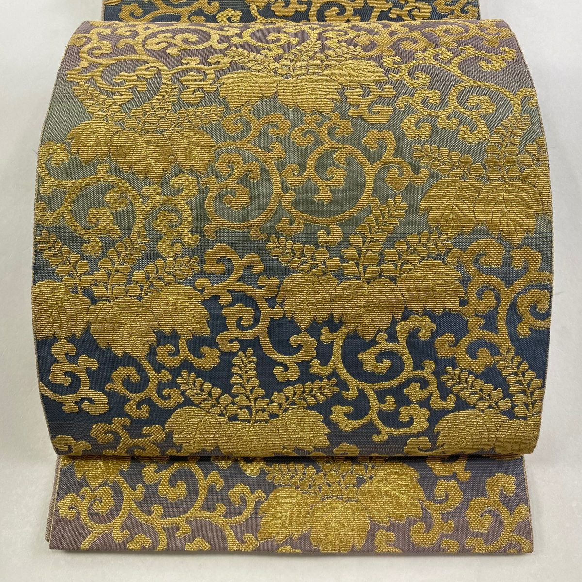 【美品】 袋帶 逸品級 桐 唐草紋 金金箔 金絲 青灰 六通 純蠶絲