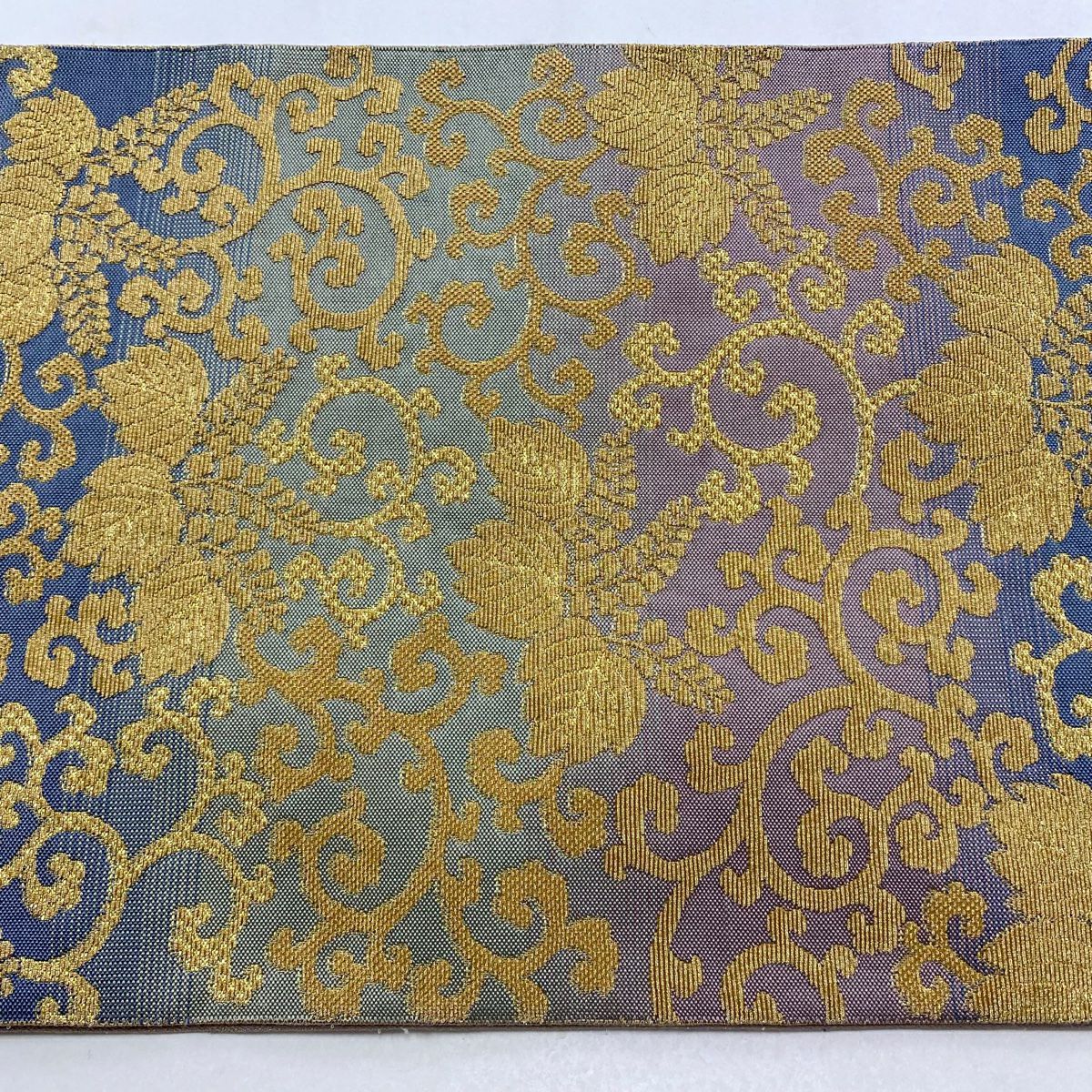 【美品】 袋帶 逸品級 桐 唐草紋 金金箔 金絲 青灰 六通 純蠶絲