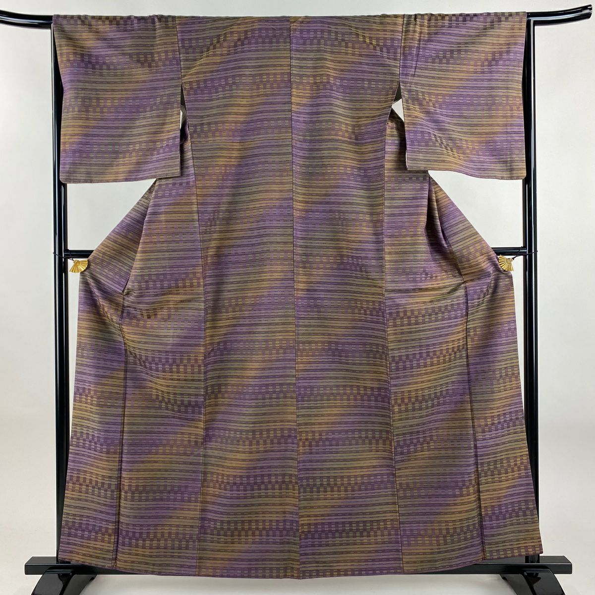 【美品】 紬織 身長161cm 袖長65.5cm M 雙層 菅原結 やまと 有落款 縞 紫 純蠶絲 逸品級