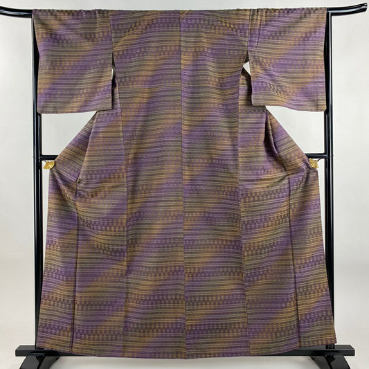 【美品】 紬織 身長161cm 袖長65.5cm M 雙層 菅原結 やまと 有落款 縞 紫 純蠶絲 逸品級