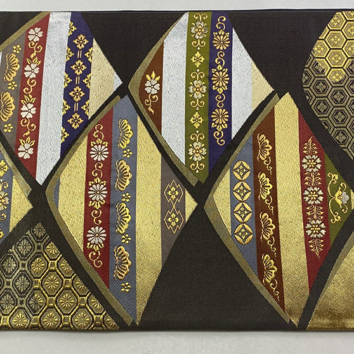 【美品】 袋帶 逸品級 じゅらく 落款あり 色紙 龜甲 金金箔 金銀彩 灰色 六通 純蠶絲