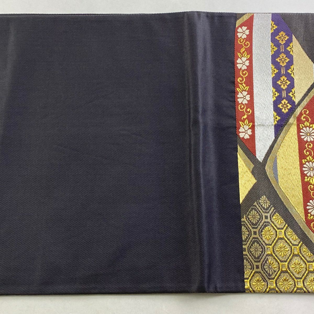 【美品】 袋帶 逸品級 じゅらく 落款あり 色紙 龜甲 金金箔 金銀彩 灰色 六通 純蠶絲
