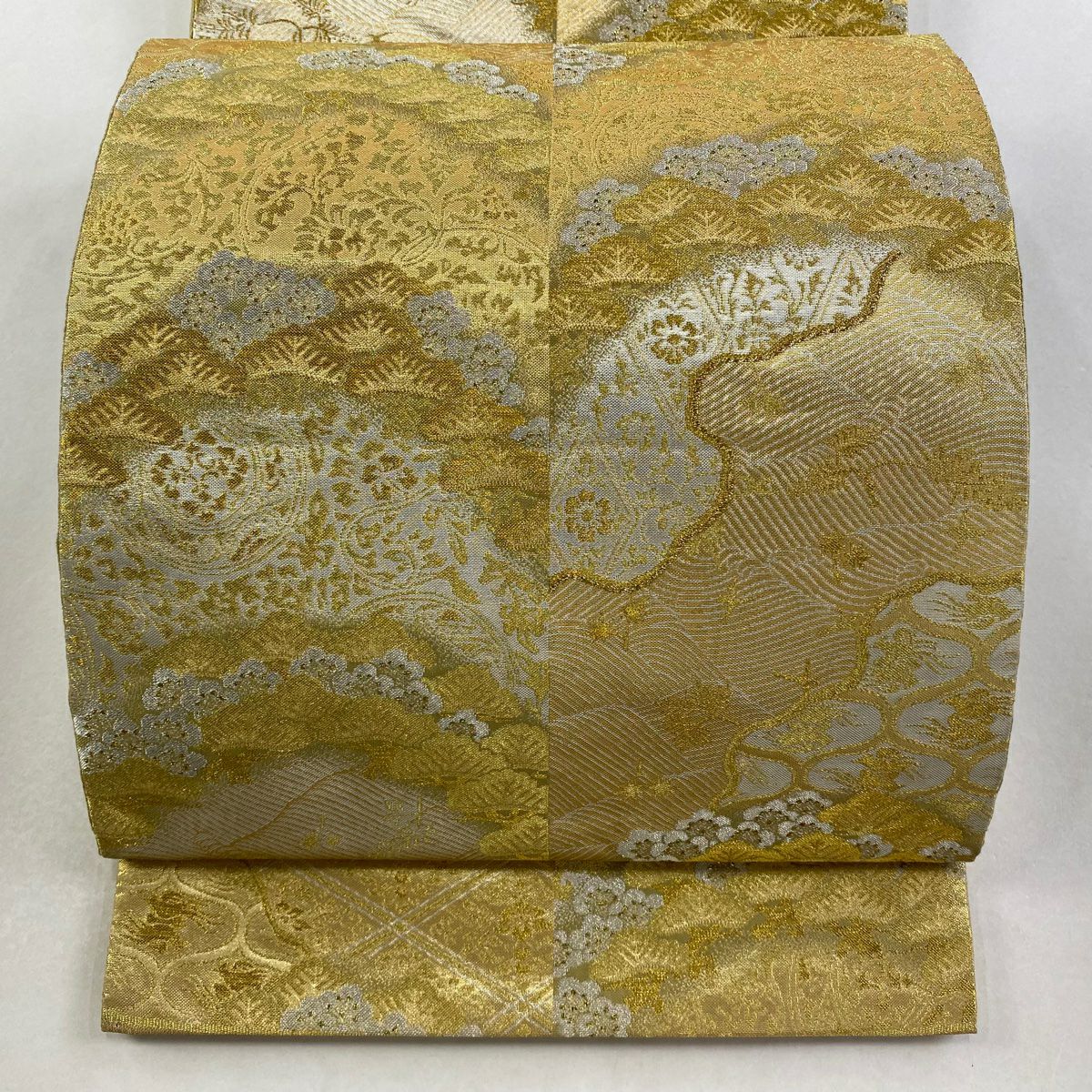 【美品】 袋帶 逸品級 有落款 篠屋宗兵衛 松樹梅花 波 金金箔 金銀彩 金色 六通 純蠶絲