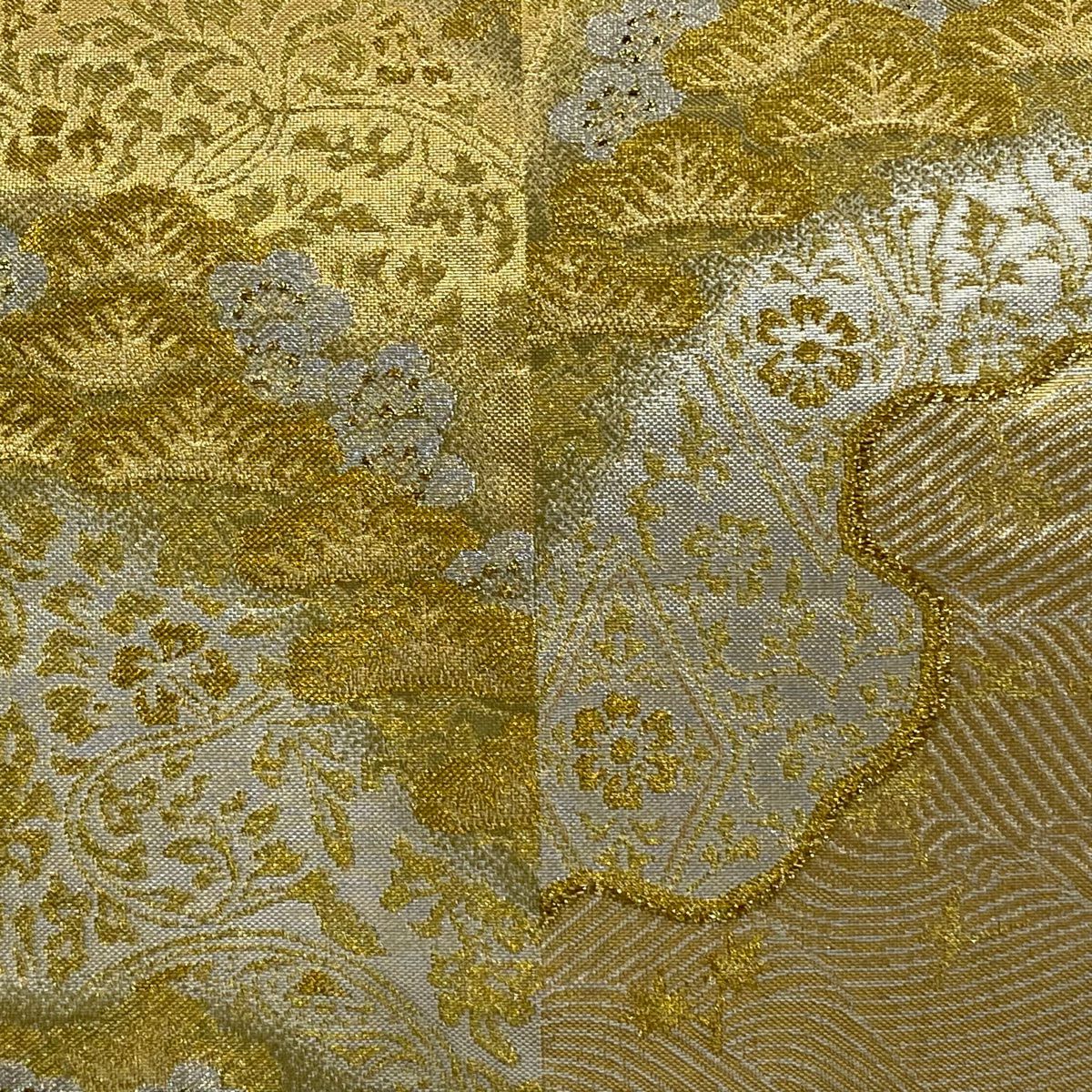 【美品】 袋帶 逸品級 有落款 篠屋宗兵衛 松樹梅花 波 金金箔 金銀彩 金色 六通 純蠶絲