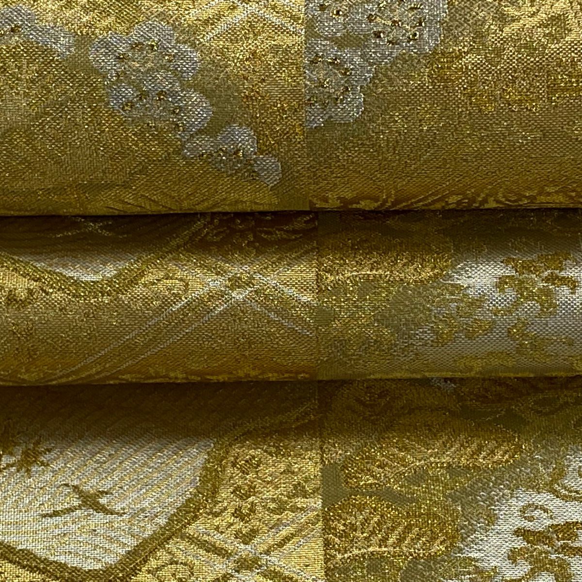 【美品】 袋帶 逸品級 有落款 篠屋宗兵衛 松樹梅花 波 金金箔 金銀彩 金色 六通 純蠶絲