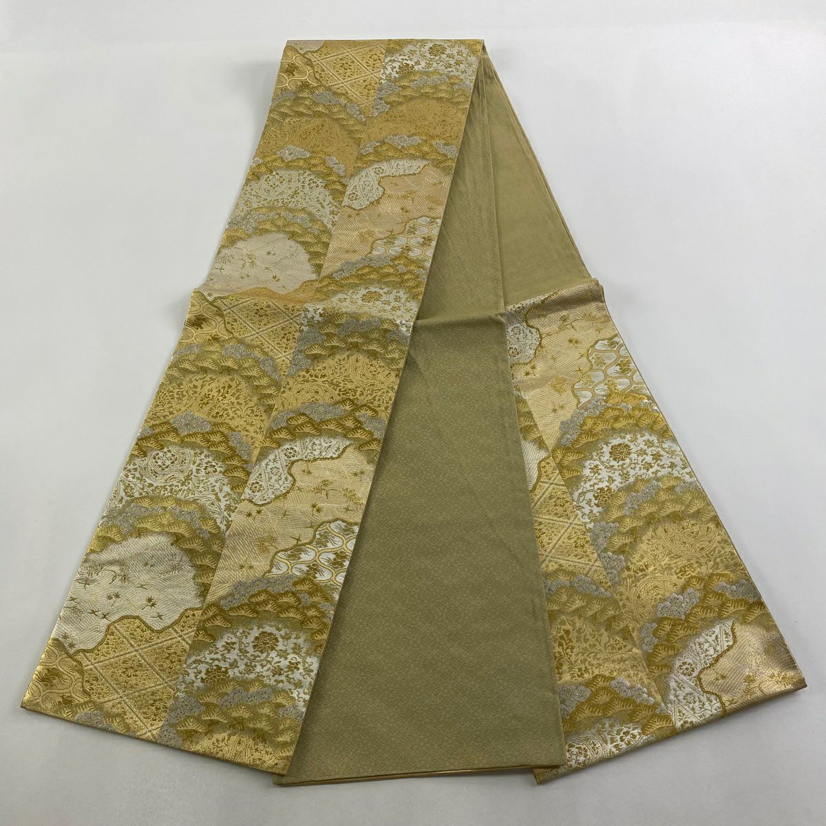 【美品】 袋帶 逸品級 有落款 篠屋宗兵衛 松樹梅花 波 金金箔 金銀彩 金色 六通 純蠶絲