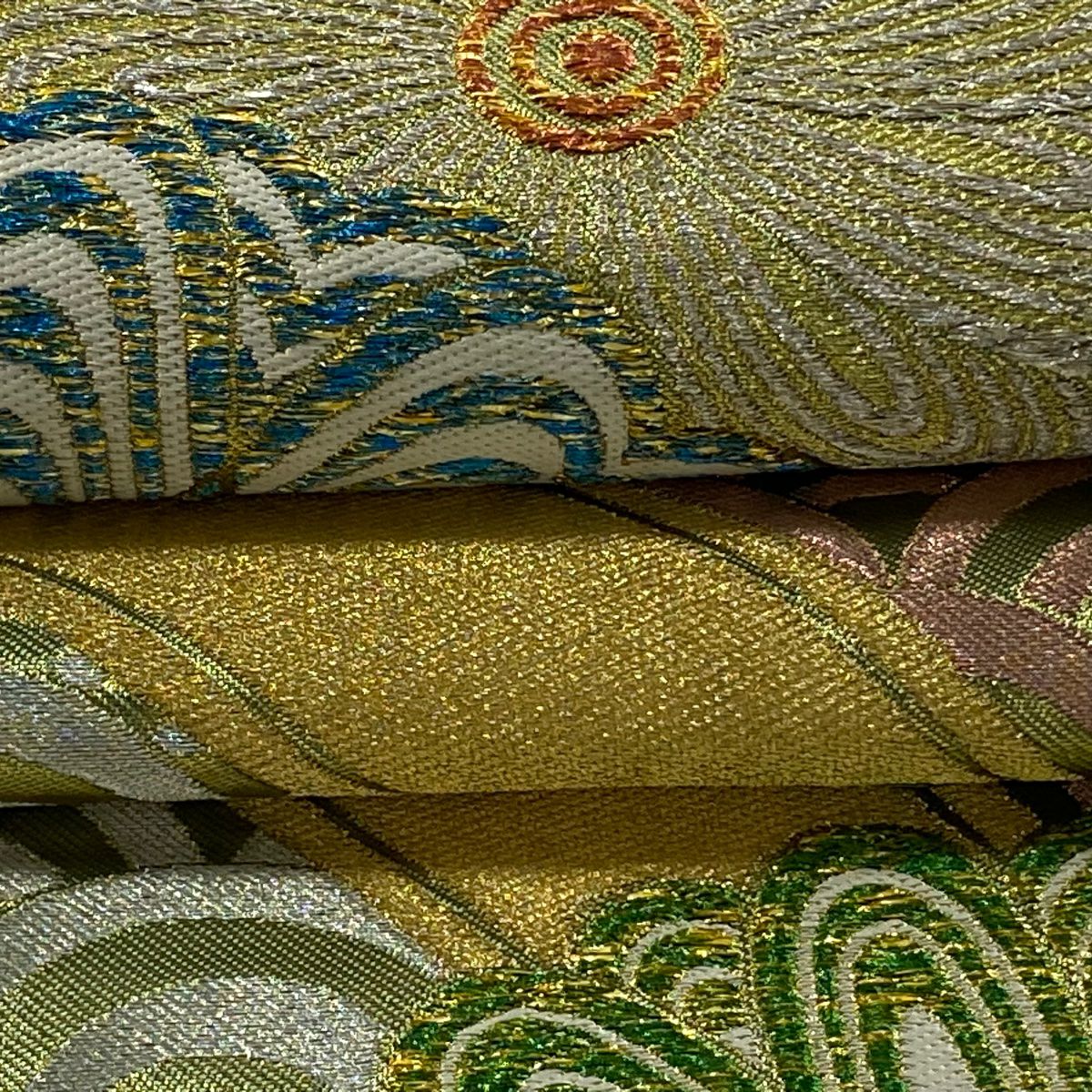 袋帶 逸品級 川島織物 落款 花 青海波 金金箔 金銀彩 薄綠 六通 純蠶絲