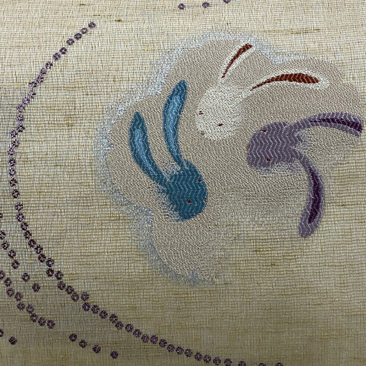 【美品】 袋帶 逸品級 兔子 花瓣 金金箔 金絲 米色 六通 純蠶絲