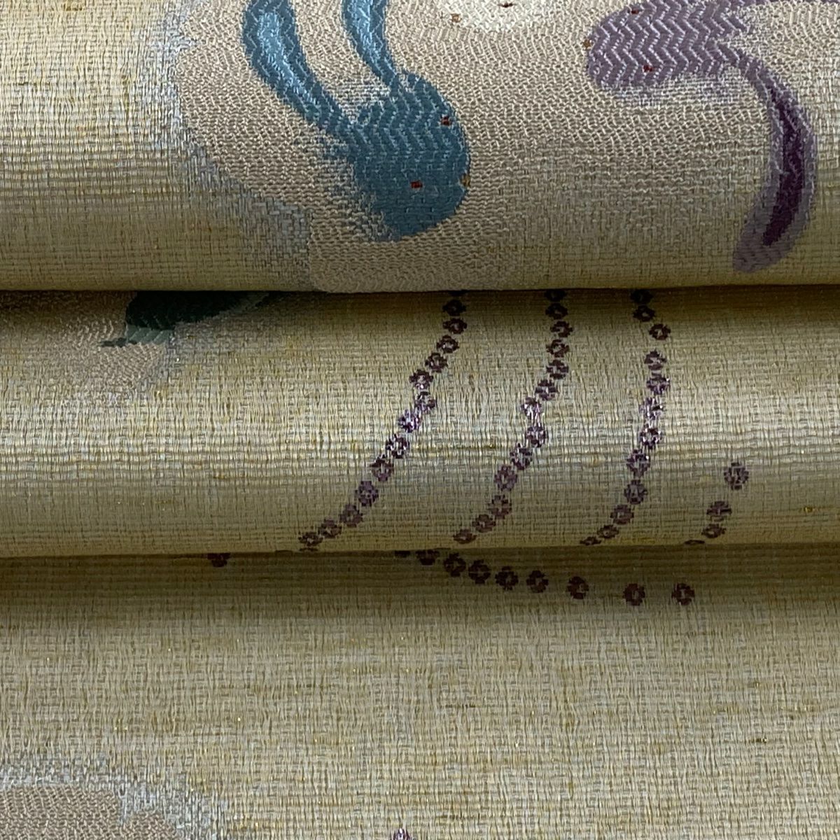 【美品】 袋帶 逸品級 兔子 花瓣 金金箔 金絲 米色 六通 純蠶絲