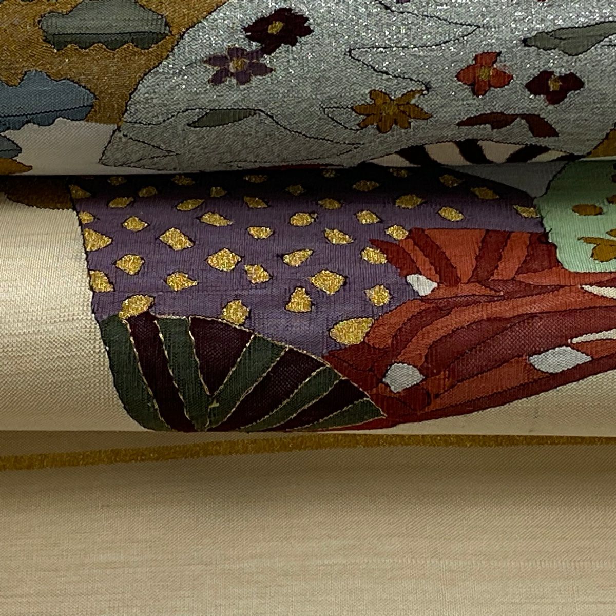 袋帶 逸品級 扇子子 仙鶴 金銀線 金金箔 淺橙色 大鼓圖案 純蠶絲