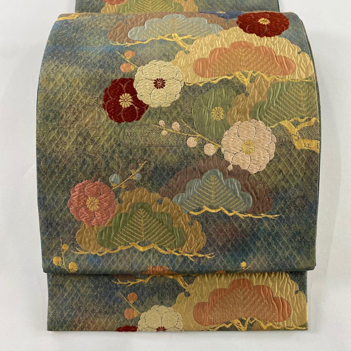 袋帶 秀品級 松樹梅花 観世水 唐織 金糸 青灰 六通 純蠶絲