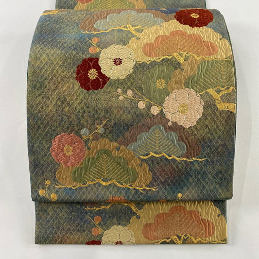 袋帶 秀品級 松樹梅花 観世水 唐織 金糸 青灰 六通 純蠶絲