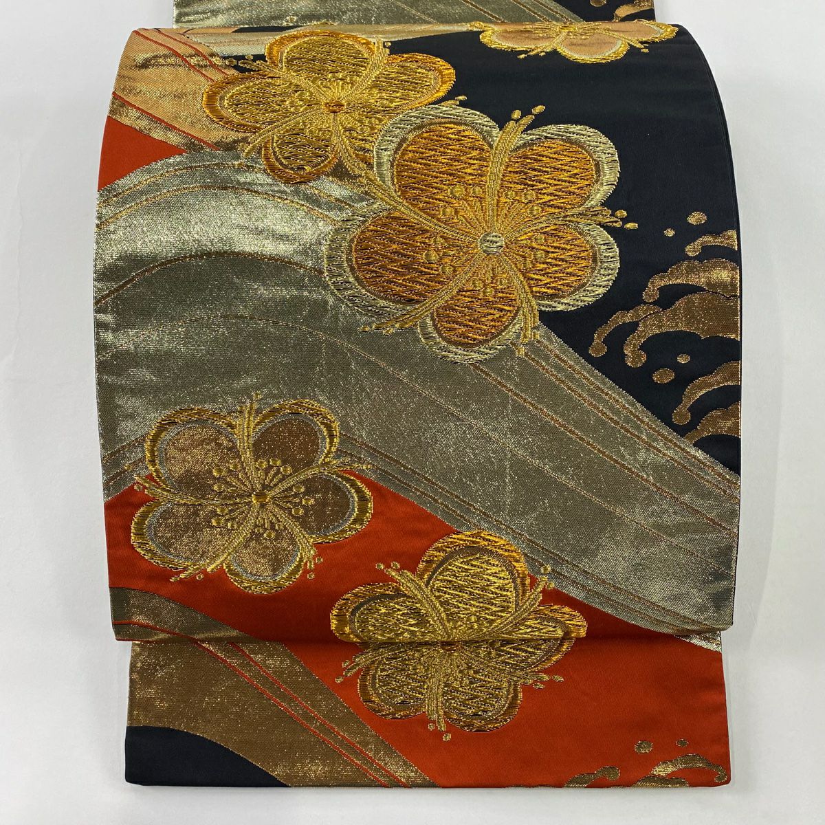 【美品】 袋帶 秀品級 梅花 波頭 金絲 金金箔 朱 紅 六通 純蠶絲