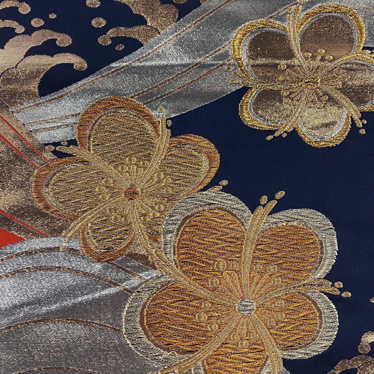 【美品】 袋帶 秀品級 梅花 波頭 金絲 金金箔 朱 紅 六通 純蠶絲