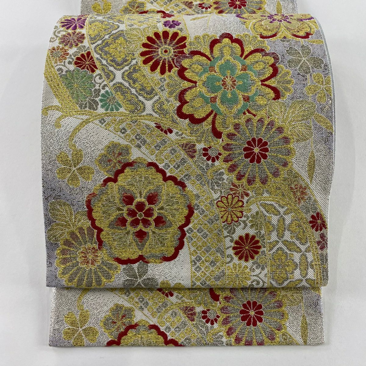 【美品】 袋帶 秀品級 華紋 熨斗紋 金金箔 金銀彩 灰白 六通 純蠶絲