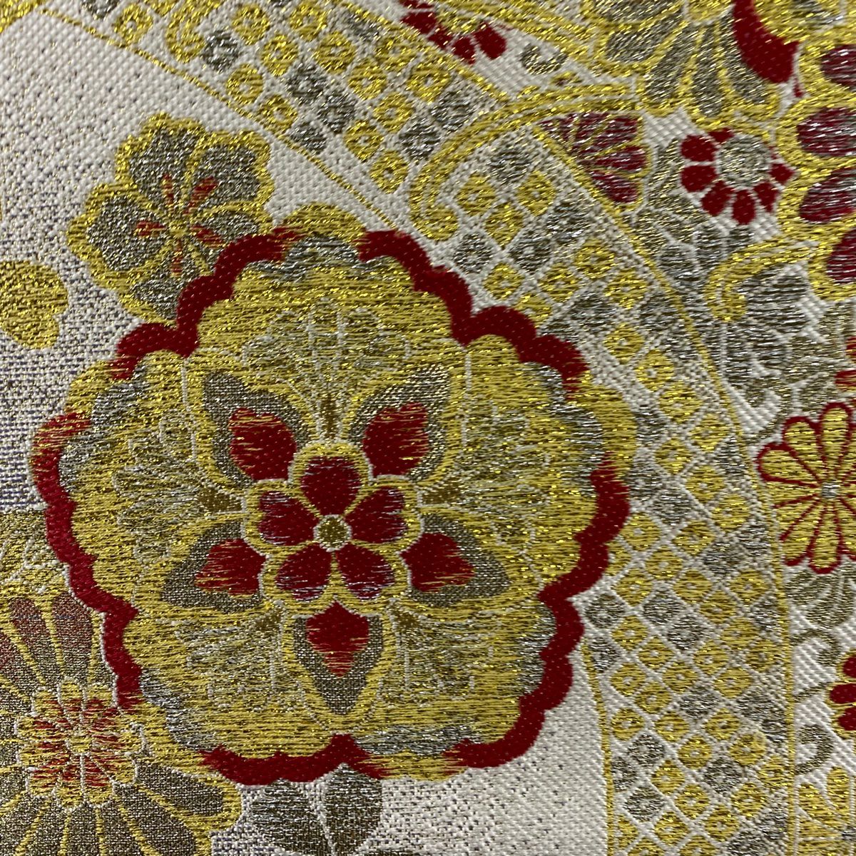 【美品】 袋帶 秀品級 華紋 熨斗紋 金金箔 金銀彩 灰白 六通 純蠶絲