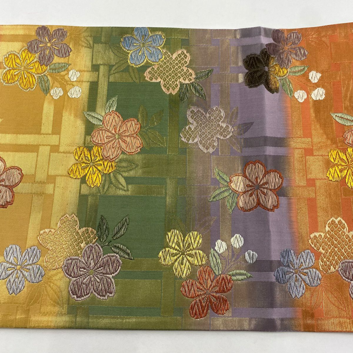 袋帶 秀品級 關西仕立 櫻花 格子 金糸 金金箔 橙色 六通 純蠶絲