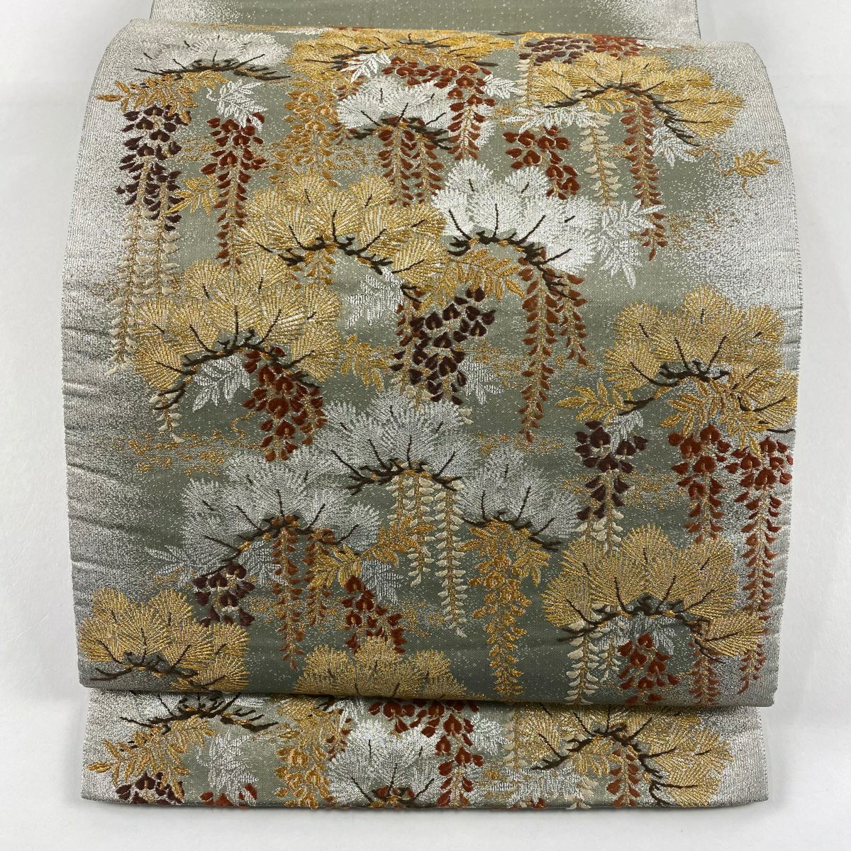 【美品】 袋帶 秀品級 藤 刺繡 金金箔 灰綠 お太鼓圖案 純蠶絲