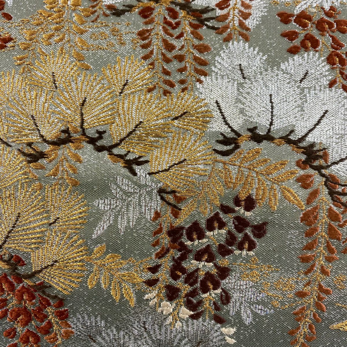 【美品】 袋帶 秀品級 藤 刺繡 金金箔 灰綠 お太鼓圖案 純蠶絲