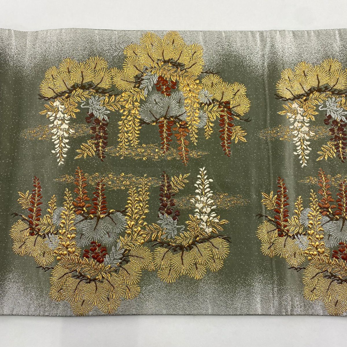 【美品】 袋帶 秀品級 藤 刺繡 金金箔 灰綠 お太鼓圖案 純蠶絲