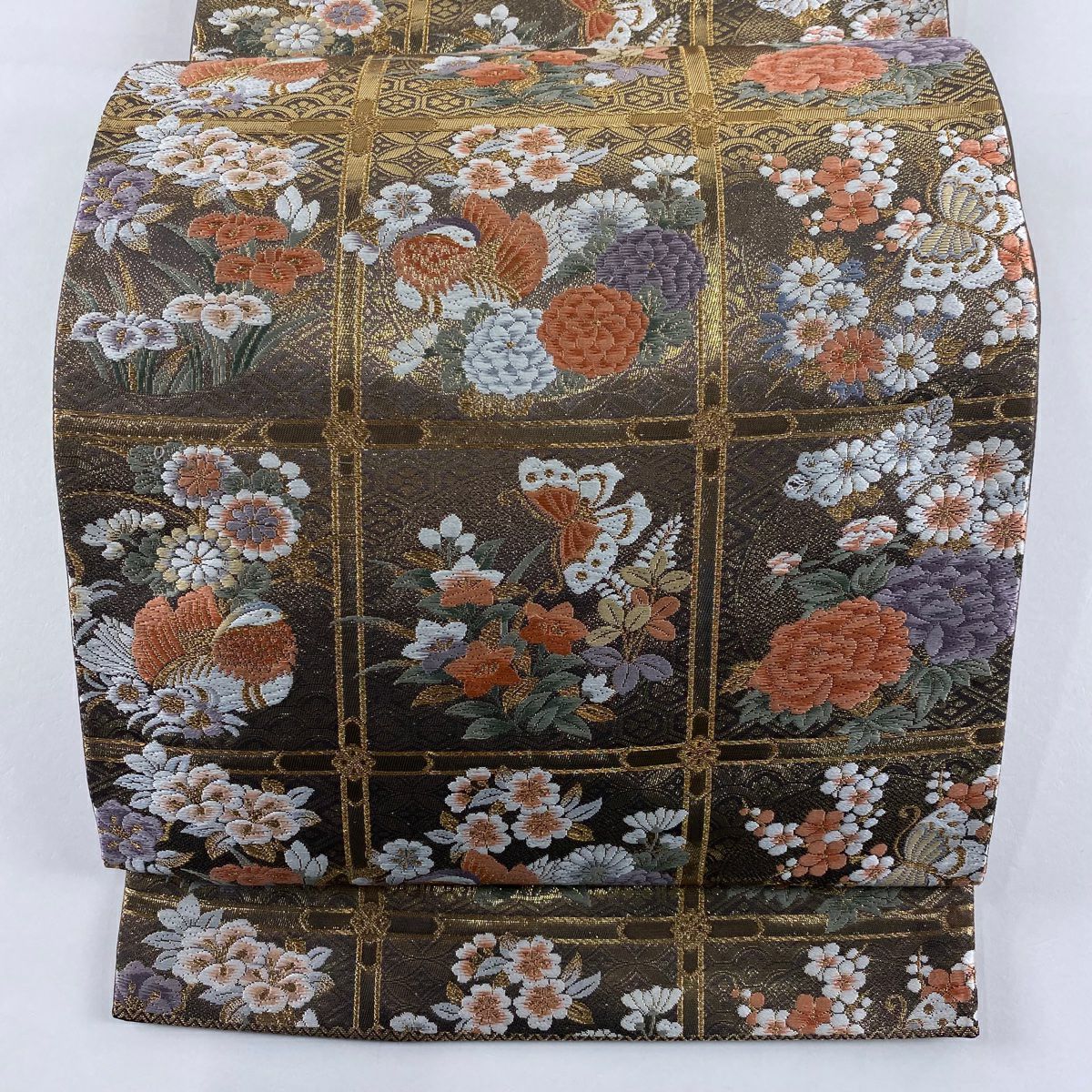 【美品】 袋帶 秀品級 鴛鴦 花丸紋 金金箔 刺繡 金 六通 純蠶絲