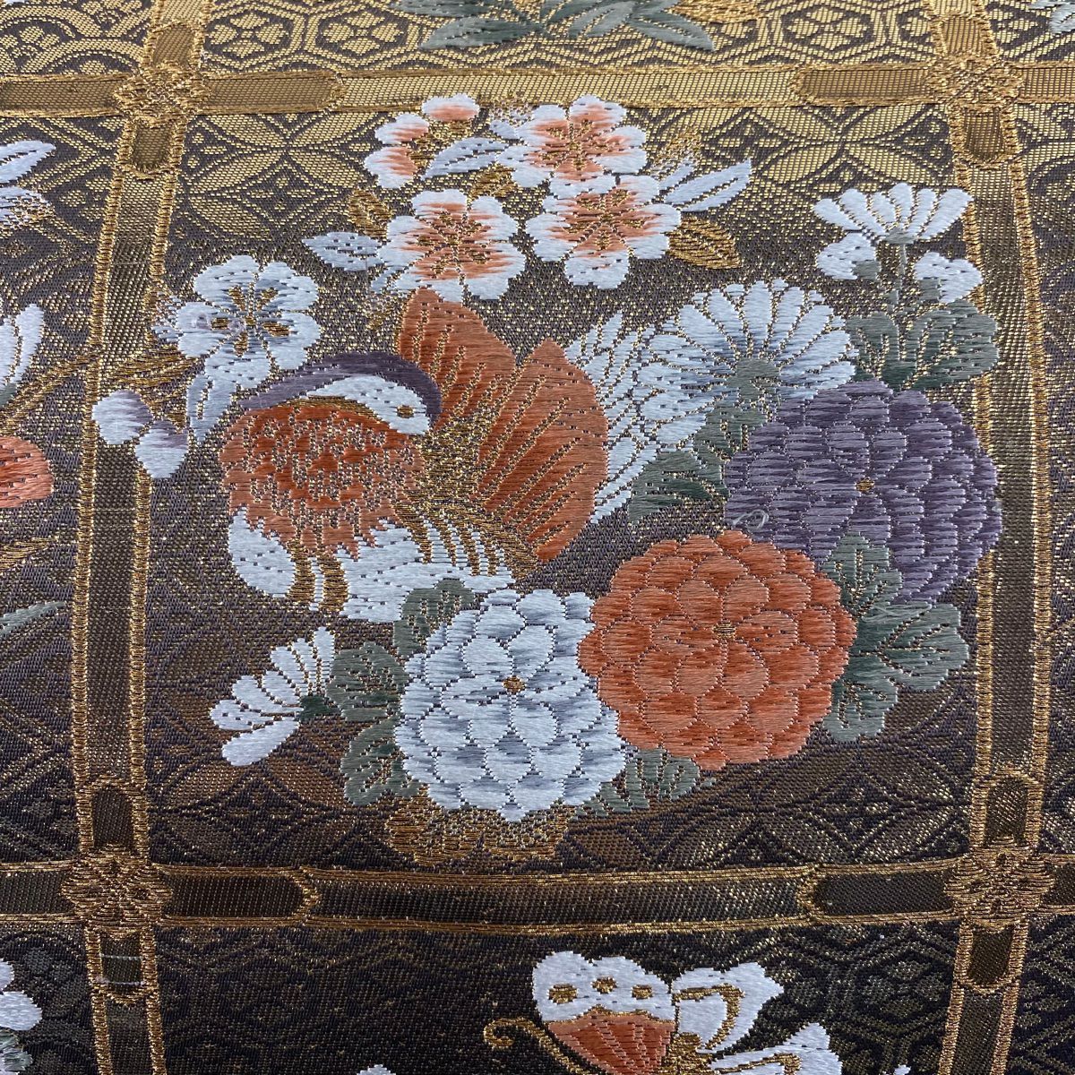 【美品】 袋帶 秀品級 鴛鴦 花丸紋 金金箔 刺繡 金 六通 純蠶絲