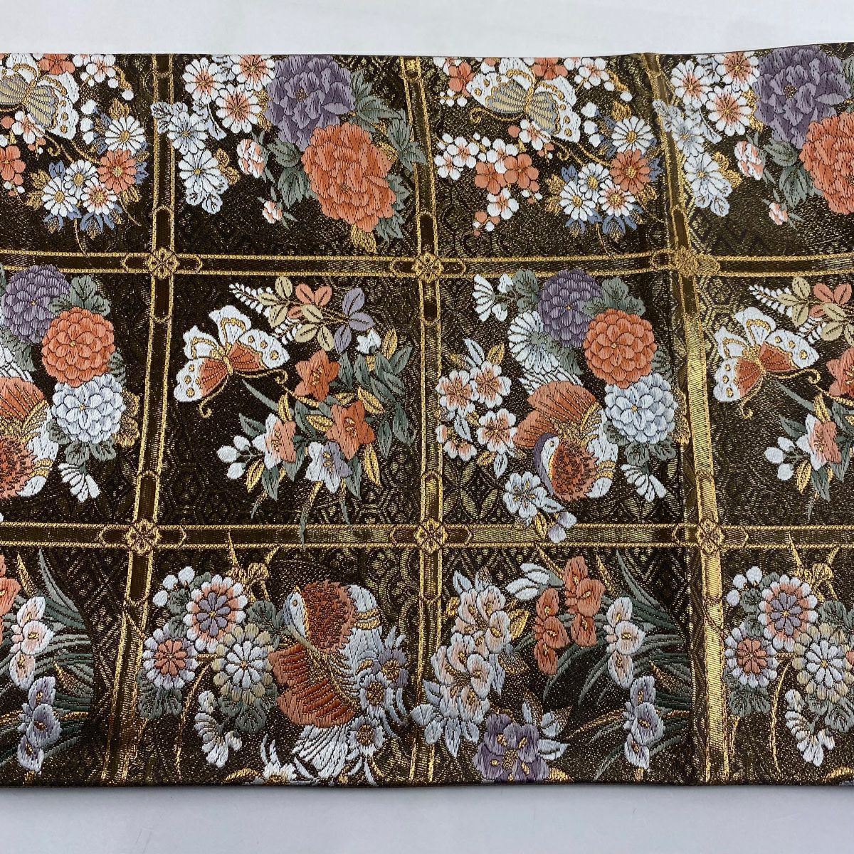 【美品】 袋帶 秀品級 鴛鴦 花丸紋 金金箔 刺繡 金 六通 純蠶絲