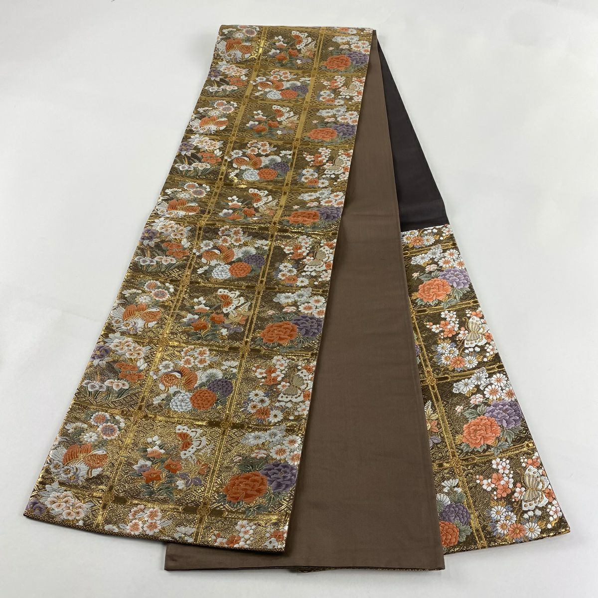 【美品】 袋帶 秀品級 鴛鴦 花丸紋 金金箔 刺繡 金 六通 純蠶絲