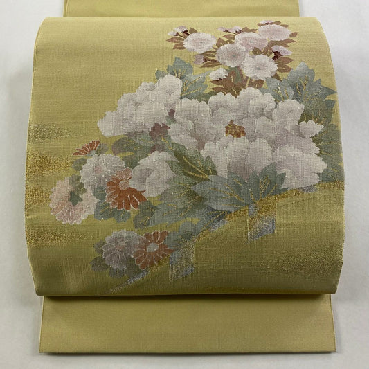 【美品】 名古屋帶 優品級 八寸名古屋帶 松樹葉仕立 牡丹 菊花 金銀彩 米色 純蠶絲