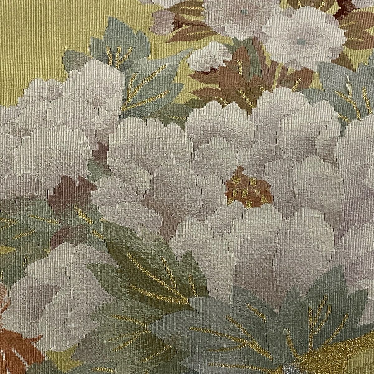 【美品】 名古屋帶 優品級 八寸名古屋帶 松樹葉仕立 牡丹 菊花 金銀彩 米色 純蠶絲