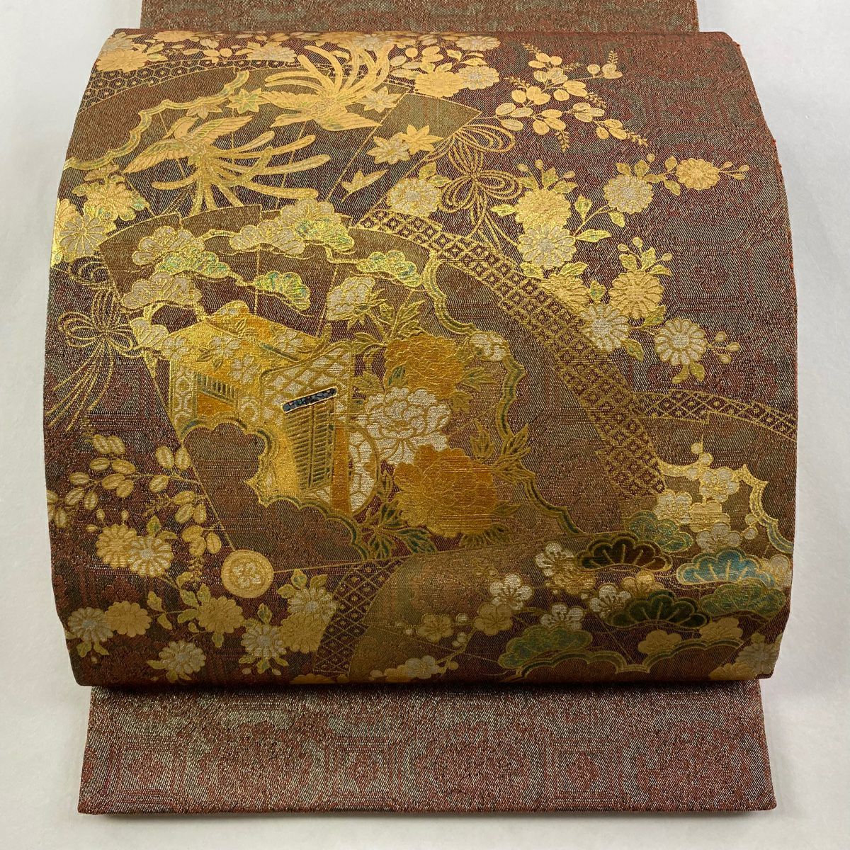 【美品】 袋帶 秀品級 御所車 花鳥 金銀彩 金絲 茶 お太鼓圖案 純蠶絲