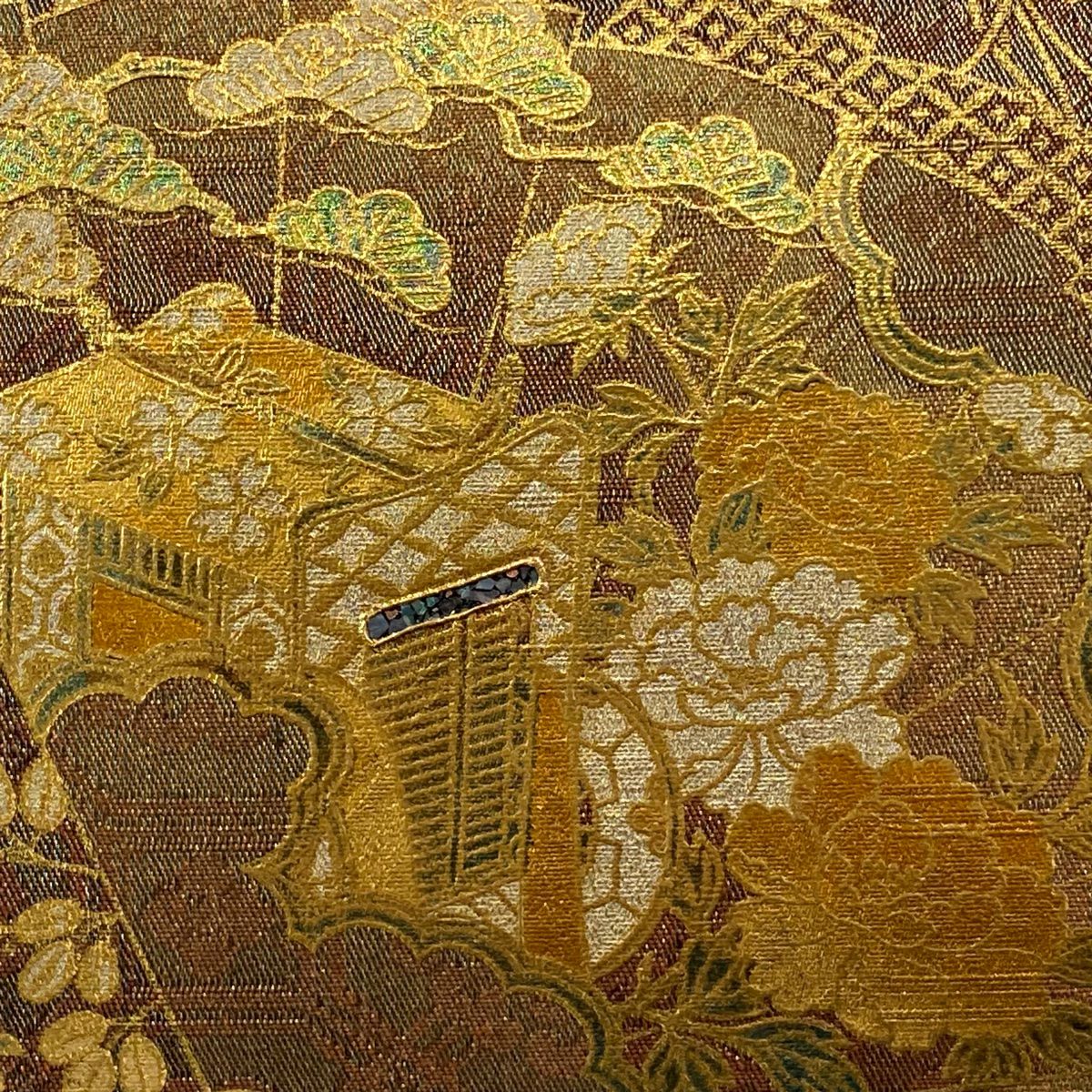 【美品】 袋帶 秀品級 御所車 花鳥 金銀彩 金絲 茶 お太鼓圖案 純蠶絲