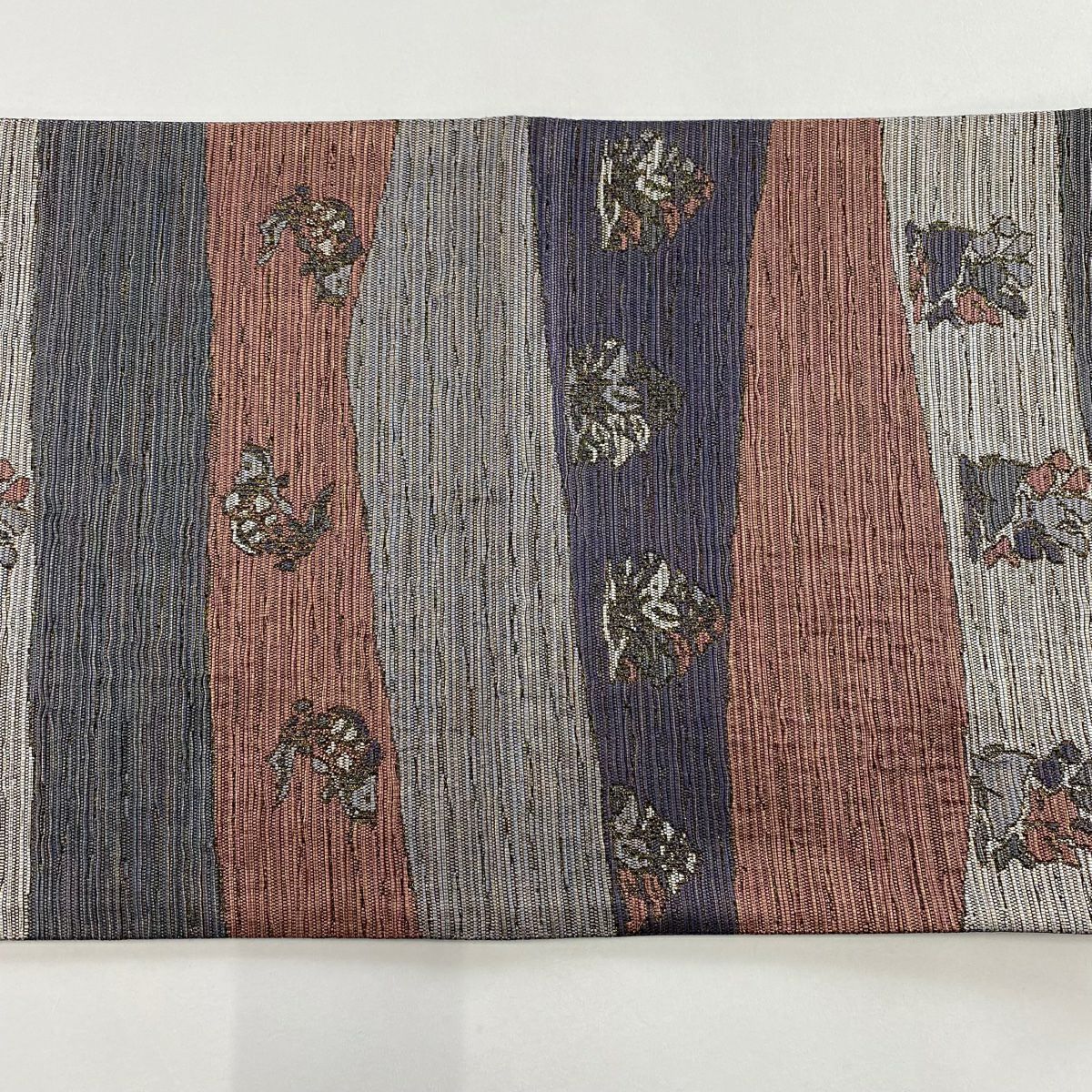 【美品】 袋帶 秀品級 花兔 荒磯 銀糸 金金箔 淺紫 六通 純蠶絲
