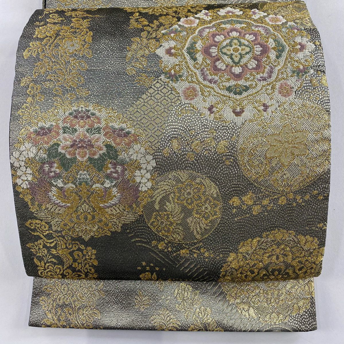 【美品】 袋帶 秀品級 華紋 花鳥 金銀絲 金色 六通 純蠶絲