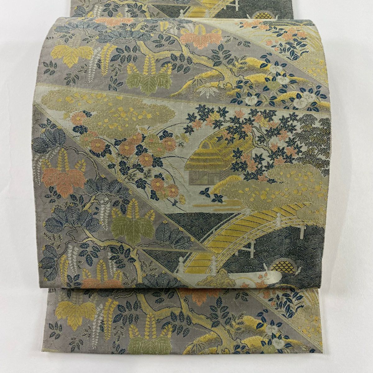 【美品】 袋帶 秀品級 落款あり 萬葉 家屋 橋 灰色 全通 純蠶絲
