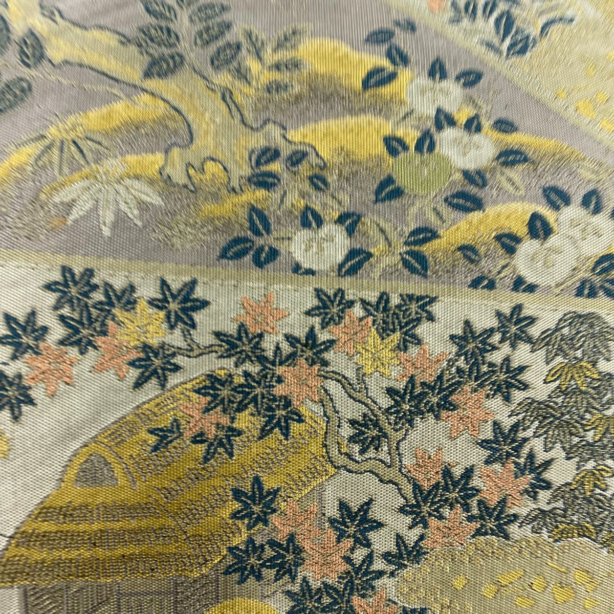 【美品】 袋帶 秀品級 落款あり 萬葉 家屋 橋 灰色 全通 純蠶絲