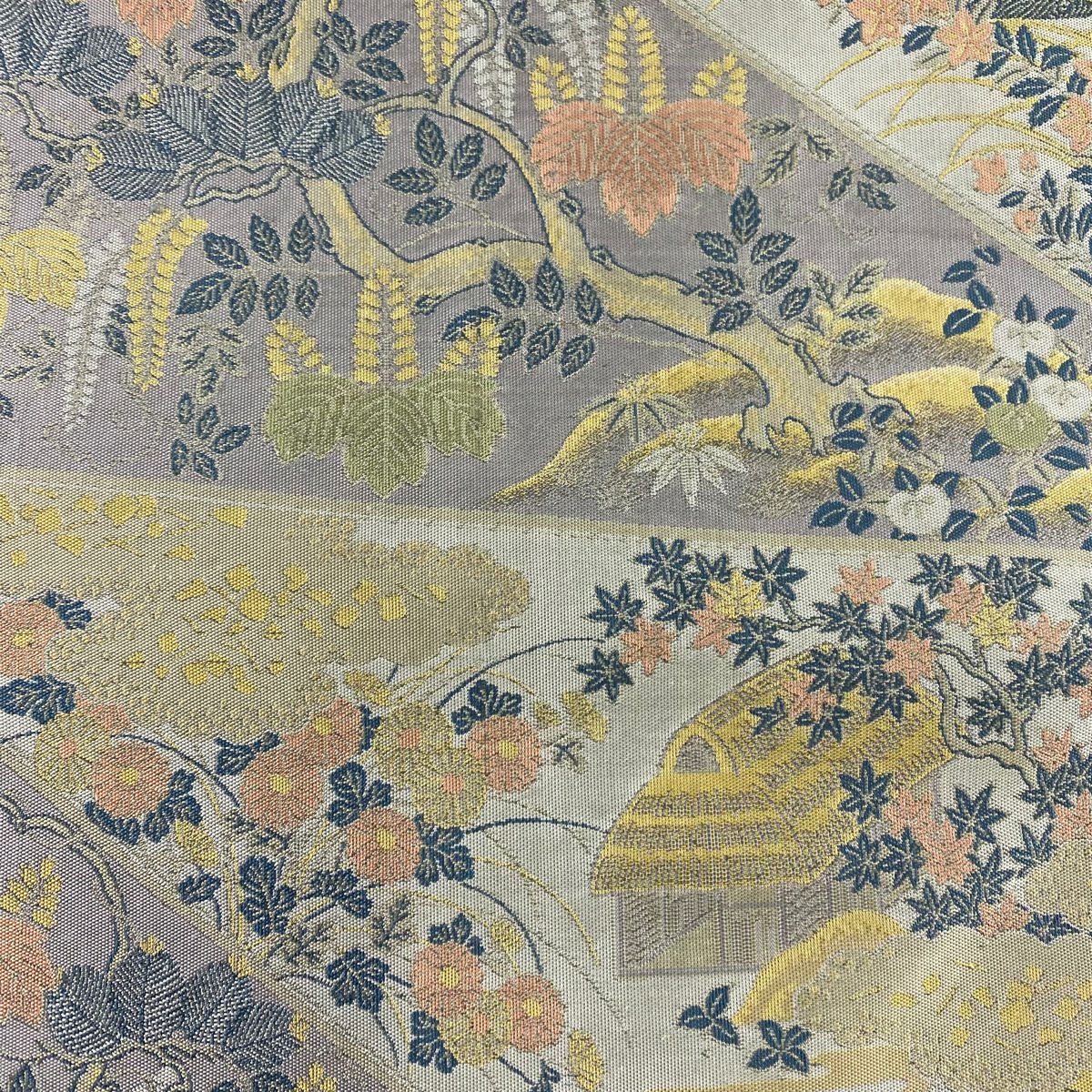 【美品】 袋帶 秀品級 落款あり 萬葉 家屋 橋 灰色 全通 純蠶絲