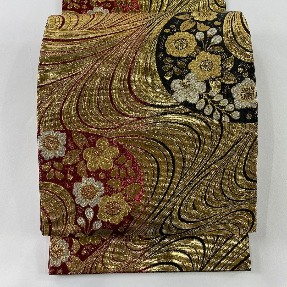 【美品】 袋帶 秀品級 草花紋 流水 金絲 金金箔 金色 六通 純蠶絲