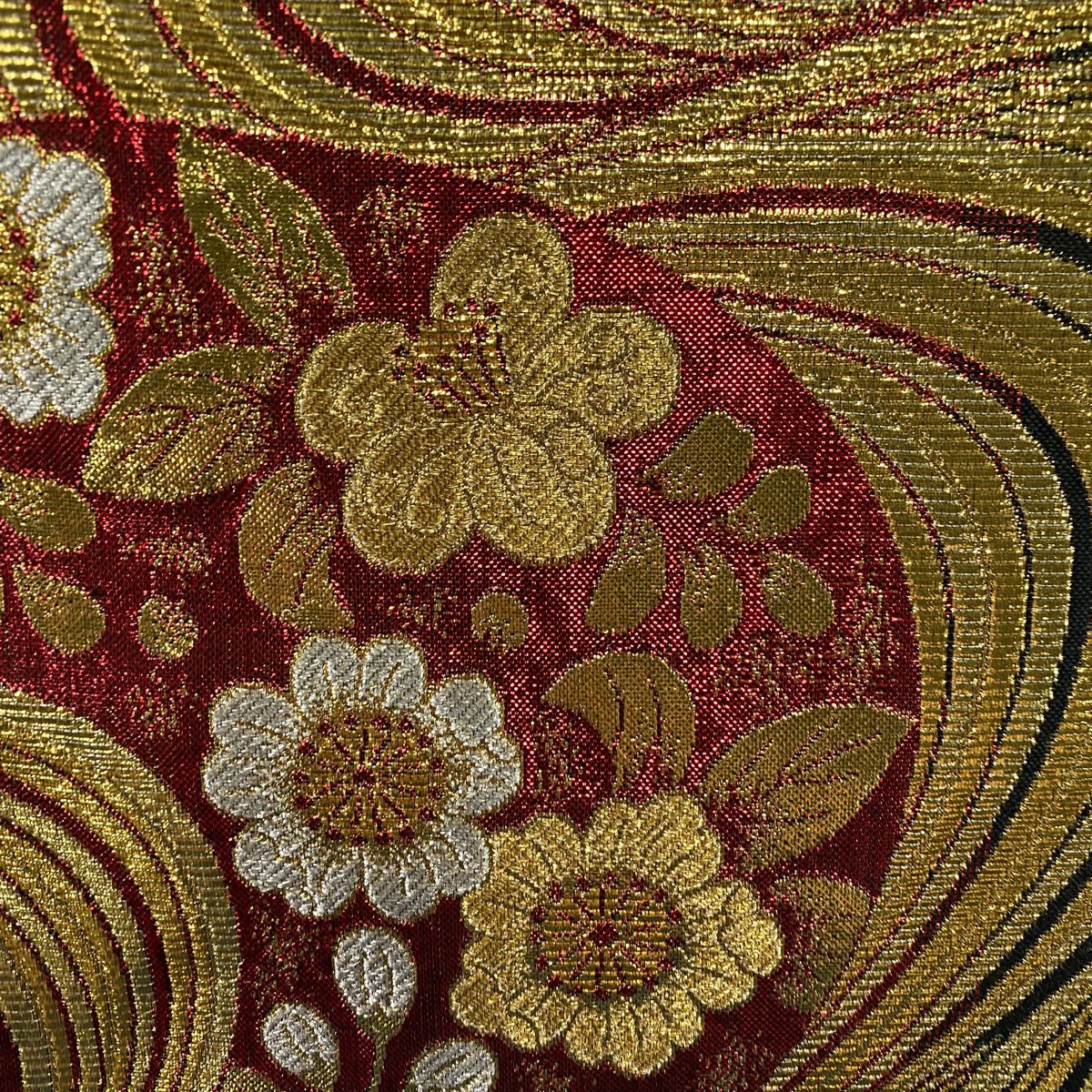 【美品】 袋帶 秀品級 草花紋 流水 金絲 金金箔 金色 六通 純蠶絲