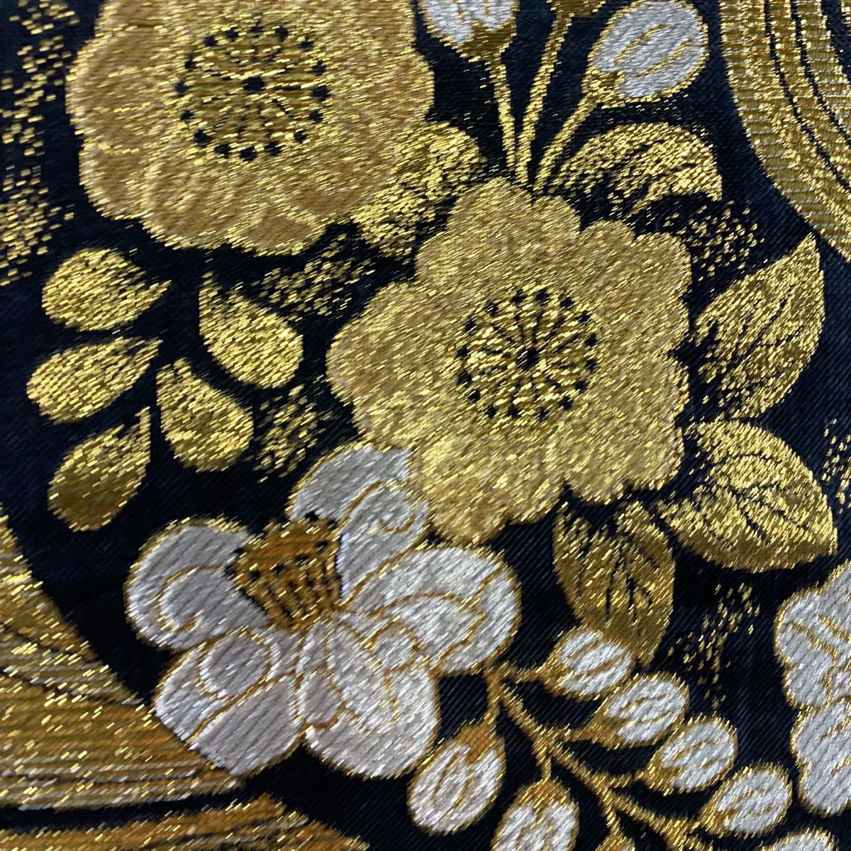 【美品】 袋帶 秀品級 草花紋 流水 金絲 金金箔 金色 六通 純蠶絲