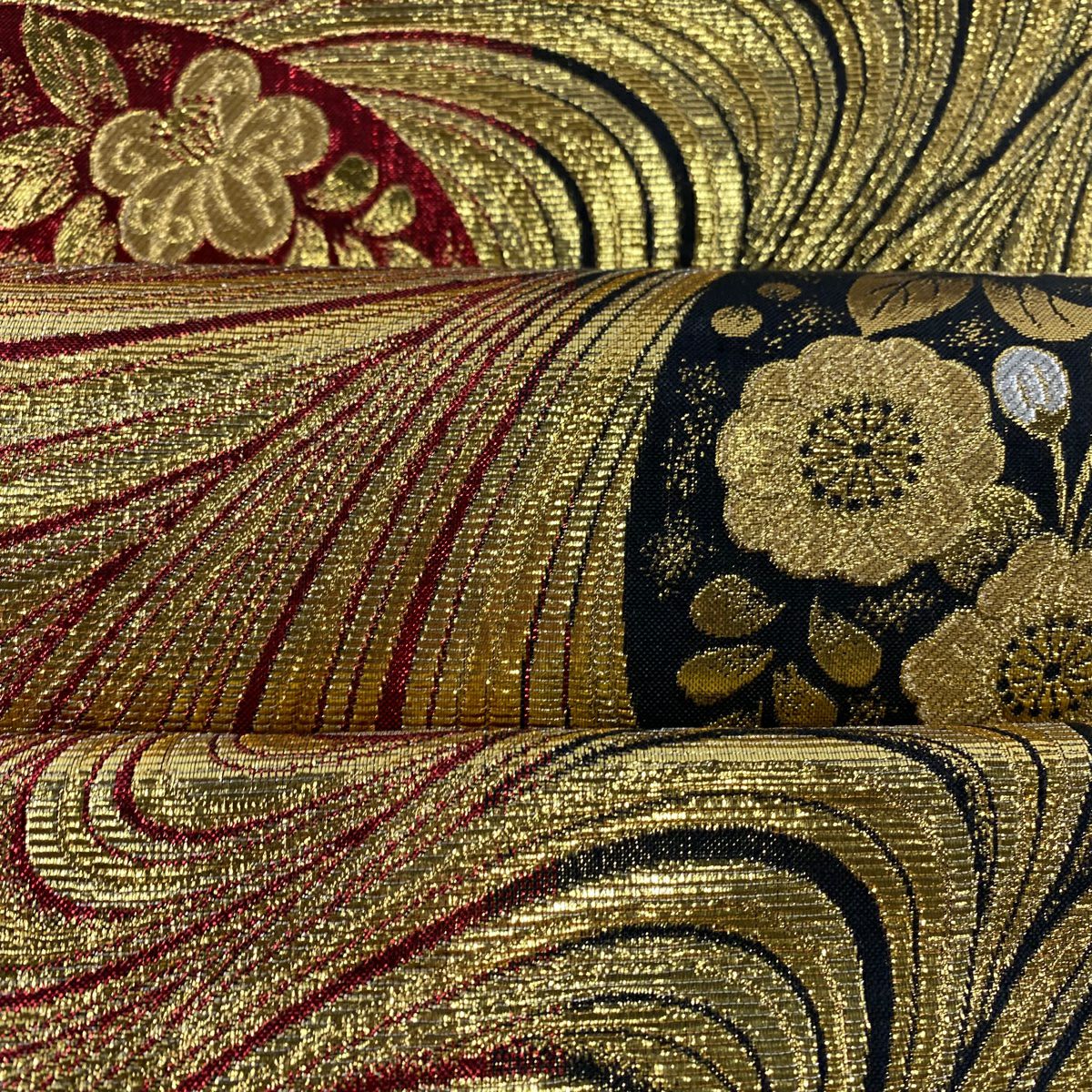 【美品】 袋帶 秀品級 草花紋 流水 金絲 金金箔 金色 六通 純蠶絲