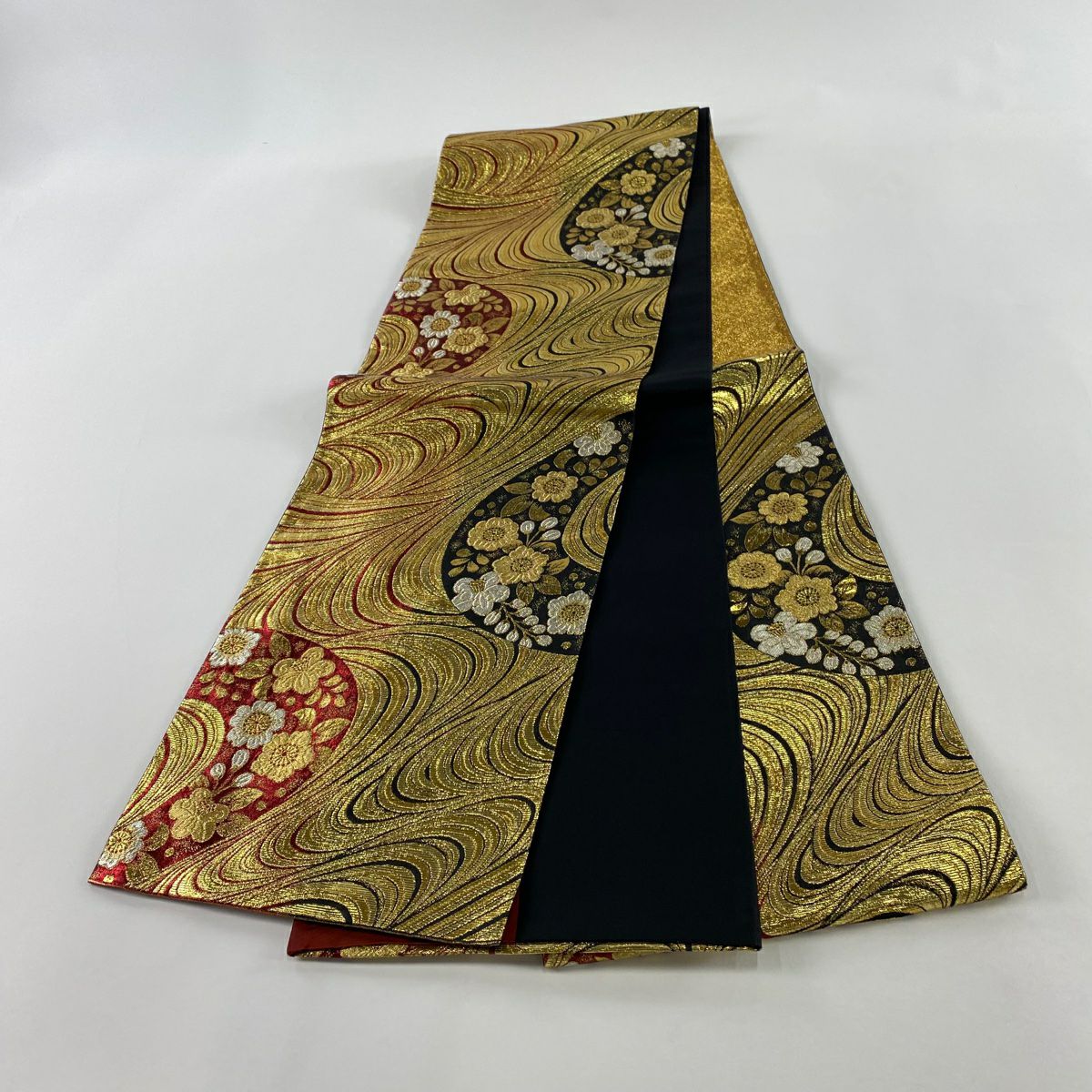 【美品】 袋帶 秀品級 草花紋 流水 金絲 金金箔 金色 六通 純蠶絲